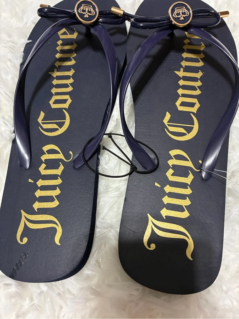 Juicy Couture Navy Gold Logo Bow Flip Flop Sandals